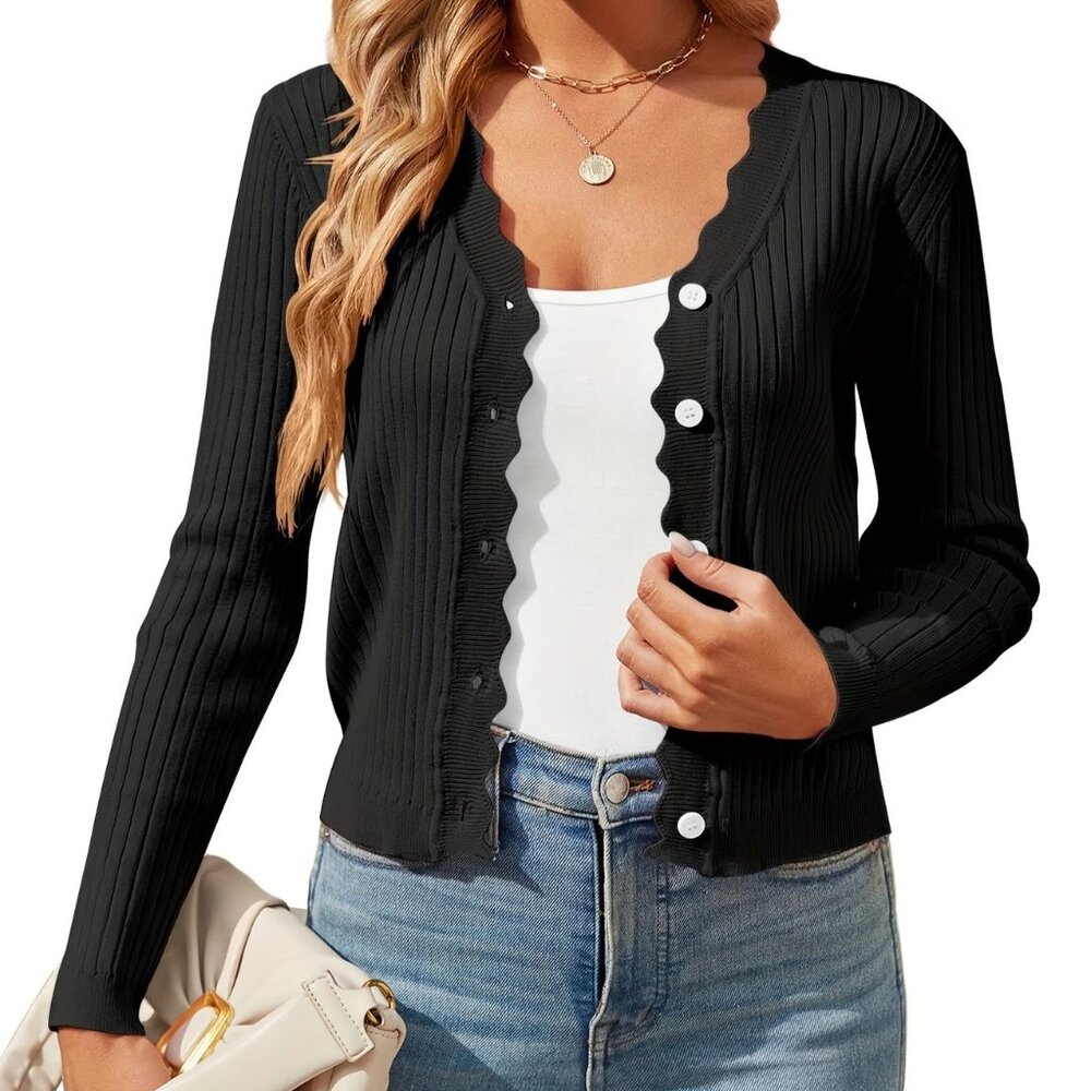 Women's Long Sleeve Black Cardigan Sweater Ribbed Knit Button Down Top‎